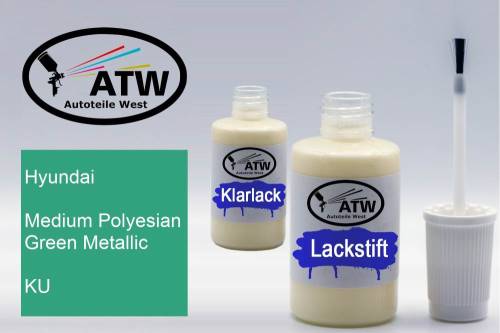 Hyundai, Medium Polyesian Green Metallic, KU: 20ml Lackstift + 20ml Klarlack - Set, von ATW Autoteile West.